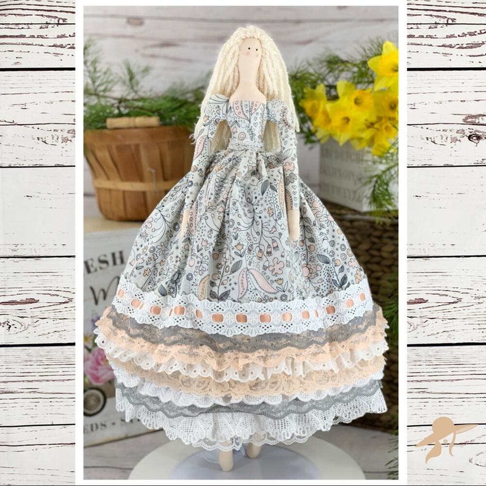Tilda doll full skirt blonde beads bloomers lace